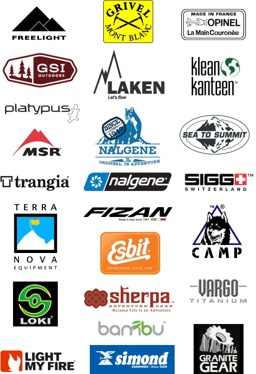 freelight - grivel - opinel - gsi - laken - klean kanteen - platypus - msr - nalgene - sea to summit - sigg - trangia - terra nova - fizan - camp - esbit - loki - sherpa - vargo - bambu - simond - light my fire - granite gear